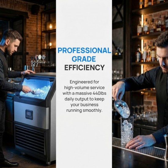 Ice Maker Machine 440lbs Daily Output, Freestanding Self-Contained Ice Maker with 77lbs Storage Bin, LCD Display Panel with Connection Hoses & Scoop for Home Bar or Office Use
