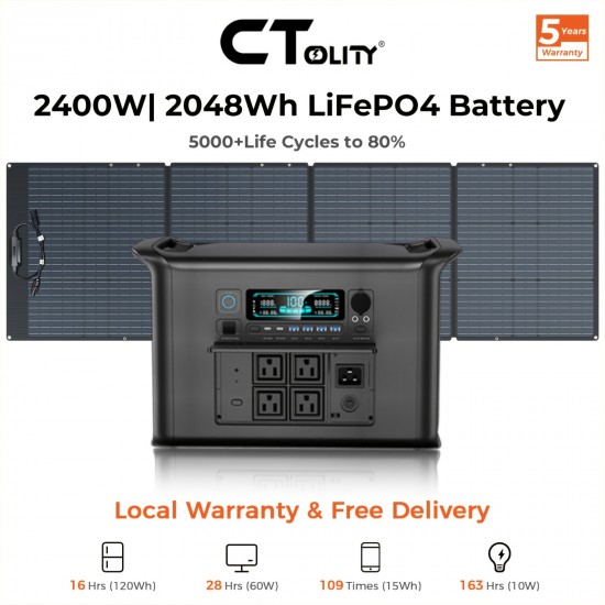 Ctolity 4800W Peak Power, 2400W Rated Solar Generator, Portable Power Station, 2048Wh Lifepo4 Battery 2 Hours Fast Charge, 200W Solar Panel Sold Separately, for Outdoor Camping RV Home Backup Power, UPS, Pure Sine Wave, Survival Gear, Gift