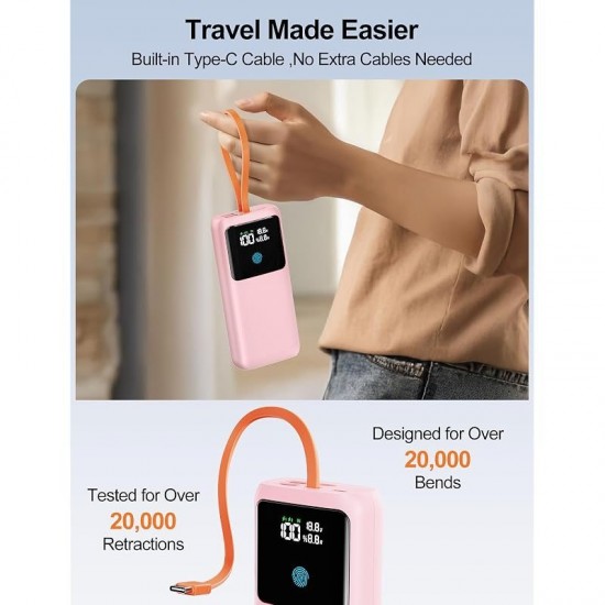 Portable Laptop Charger 24000mAh 65W w/USB C Built-in Cable Pink | 65W Fast charging LED display Charge 4 devices at once Pass through TSA approved Compatible with Macbook/Notebook/iPhone