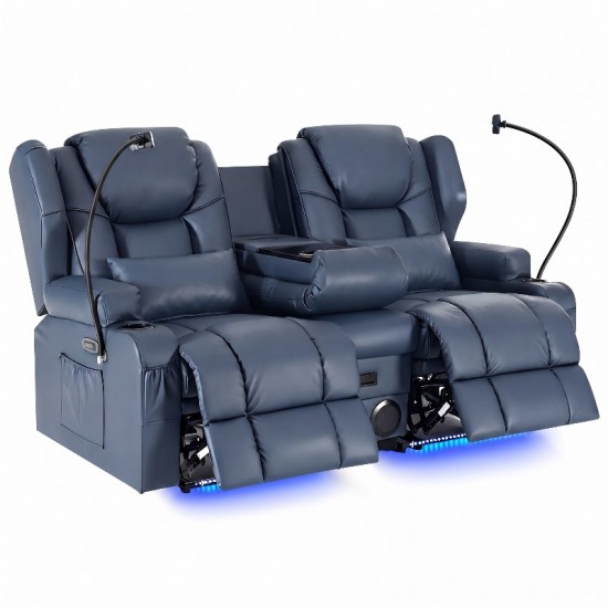 69'' 2-Seater Power Recliner Loveseat, Blue PU Leather Home Theater Reclining Sofa with 8-Point Vibration Massage, Lumbar Heating, Bluetooth Speakers, LED Ambient Light, 360° Phone Holders 2 Lumbar Pillows Cup Holders & USB Charging, 700LBS Capacity
