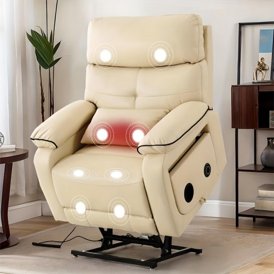 Infinite Position Electric Lift Recliner with Wireless Charger And Cup Holder, Vibration Massage And Heating, Genuine Leather, Beige, Brown Silver Gray Color Optional