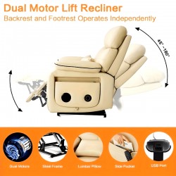 Infinite Position Electric Lift Recliner with Wireless Charger And Cup Holder, Vibration Massage And Heating, Genuine Leather, Beige, Brown Silver Gray Color Optional
