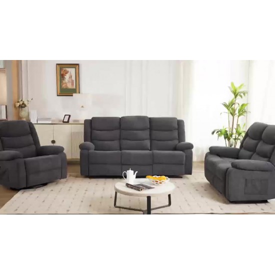 Dark Gray Faux Cashmere 3 Seater Recliner Sofa With Massage And Heating Function, Manual Reclining Couch With Cup Holders And Side Storage Pocket For Living Room Home Theater
