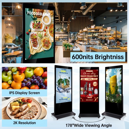 1pc Black 43-Inch Digital Signage Kiosk Display 1080P Digital Kiosk Interactive Displays Floor Standing 2K IPS Smart Indoor Interactive LCD Commercial Kiosk with Android 11 System Interactive Advertising Media Player (Two Types Available: Non-Touchs